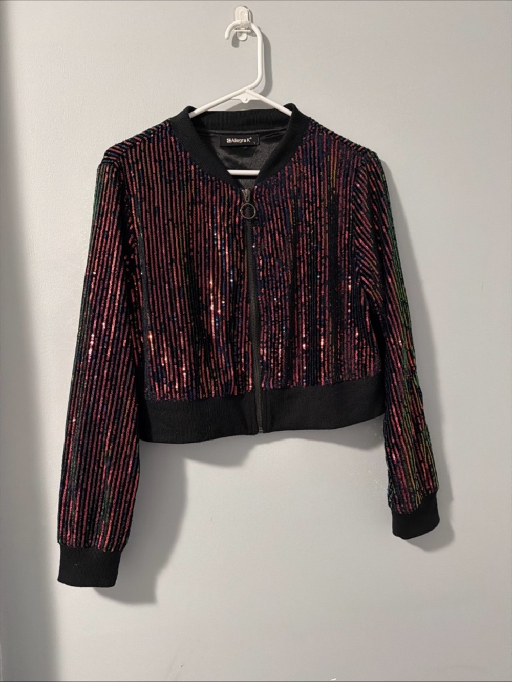 Allegra K Black Bomber Jacket with Red Sequins Size Large
